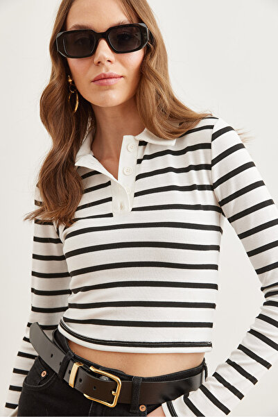 Olalook Bluză crop elastică cu gât polo alb - cu nasturi, BLZ- 19002743