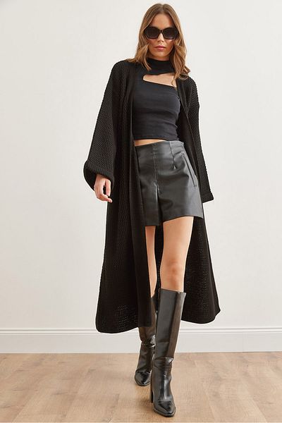 Olalook Schwarze Maxi-Strickjacke – gefaltete Manschette, HRK- 19000297