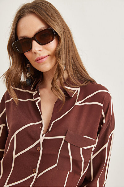 Olalook Cămașă asimetrică Viscon de culoare maro pentru femei - GML cu un singur buzunar- 19000890