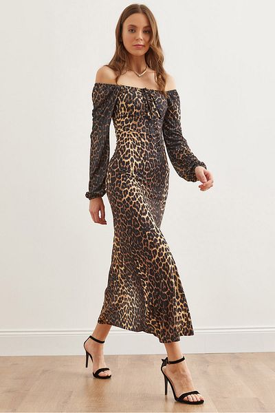 Olalook Μαύρο Maxi Leopard Φόρεμα - Καφέ Χρώμα, Δαντελένια Λεπτομέρεια και Σχιστό ELB- 19002264