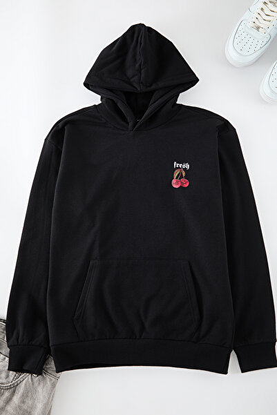 Edit by Trendyol Унисекс черен голям суитшърт с качулка - дълъг ръкав, топъл принт, Tedaw25Sw00055