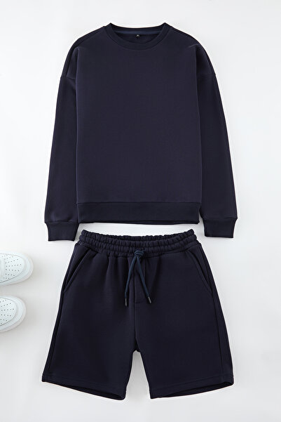 Trendyol Collection Φούτερ Navy Blue Oversize - Φούτερ και ανδρικά σορτς 3 τεμαχίων TEDAW25EM00003