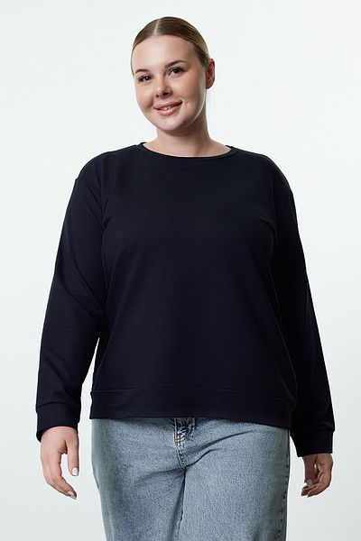 Trendyol Curve Πλεκτό φούτερ Navy Blue σε μεγάλο μέγεθος - Crew Neck με στάμπα στην πλάτη TBBAW25AO00035