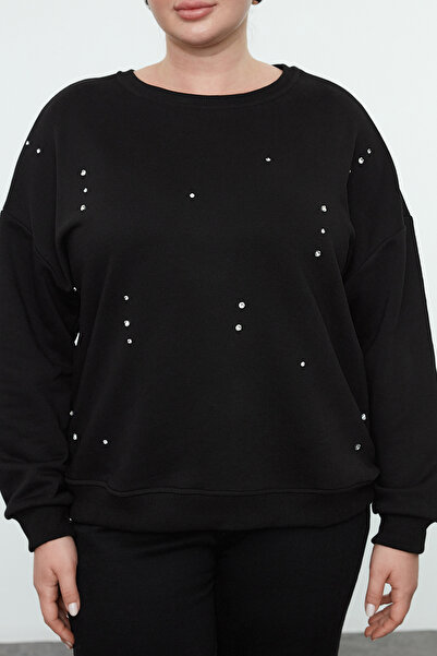 Trendyol Curve Black Stone Detailed Oversize mikina Crew Neck Tbbaw25Ao00021