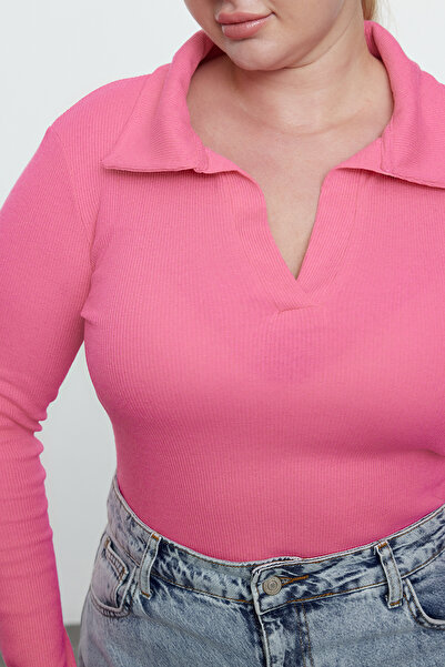 Trendyol Curve Rózsaszín testhezálló bordás ing gallér pattintható kötött test TBBAW23CS00007
