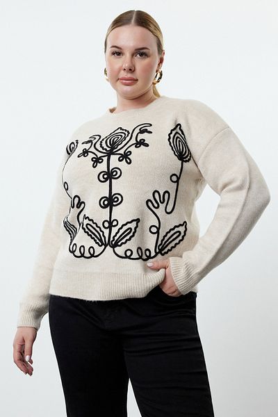 Trendyol Curve Crew Neck Beige Knitwear Sweater - Embroidery Detailed TBBAW25AN00004