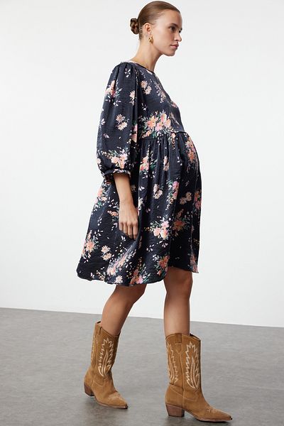 Trendyol Collection Μίνι φλοράλ φόρεμα Navy Blue Plus Size - Crew λαιμόκοψη, μανίκι με μπαλόνι, υφαντό TBBAW25AH00091