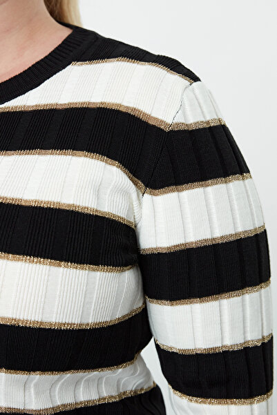 Trendyol Curve Crew Neck Black-ecru Striped Knitwear Sweater - Tbbaw25an00041