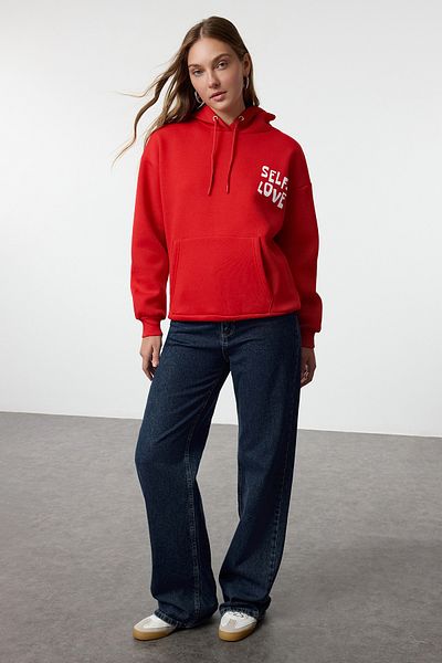 Trendyol Collection Red Fleece Oversize Knitted Sweatshirt - Back Print Detailed Twoaw22Sw0687