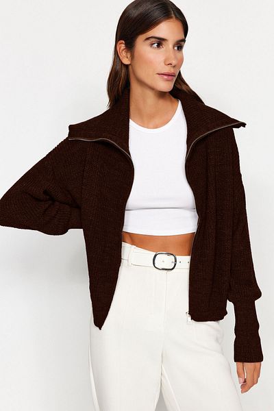 Trendyol Collection Ζακέτα με φαρδιά εφαρμογή με φερμουάρ γιακά - Σκούρο καφέ TWOAW24HI00072