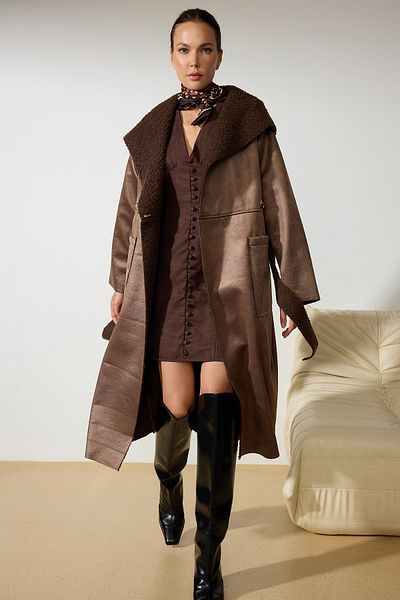 Trendyol Collection Oboustranný hnědý oversize dlouhý kabát - Twoaw25kb00068