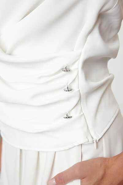 Trendyol Collection White Button Accessory Detailed Satin Woven Blouse Tpraw25Bz00029