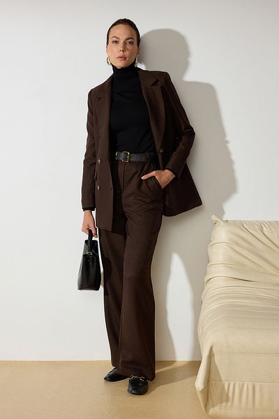 Trendyol Modest Braunes Leinen-Look, gewebte Jacke, Hose, Unterteil und Oberteil, Anzug TCTSS24US00079