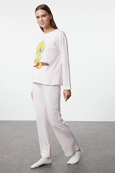 Trendyol Collection Tweety Licensed rózsaszín 100% pamut kötött pizsama szett THMAW25PT00155