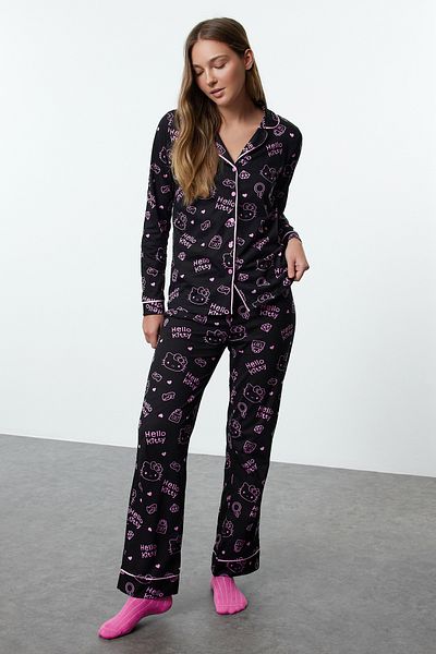 Trendyol Collection Hello Kitty Μαύρη Πλεκτή Πιτζάμες - 100% Βαμβάκι, Piping THMAW25PT00150