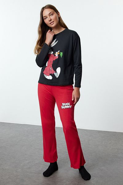 Trendyol Collection Sada černého bavlněného pyžama Bugs Bunny s licencí - Thmaw25Pt00158
