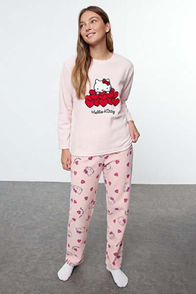 Trendyol Collection Hello Kitty Licensed Pink Heart Fleece Winter-Strickpyjama-Set THMAW25PT00215