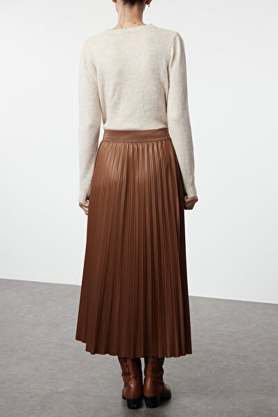 Edit by Trendyol Beige Pleated Leather Look Long Stretchy Knitted Skirt Tedaw25Ee00004