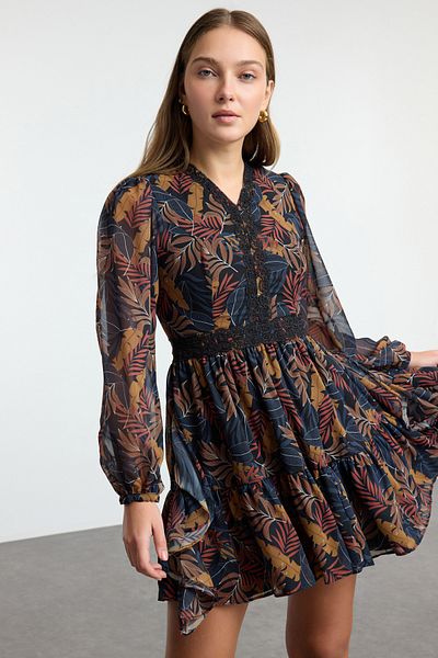Trendyol Collection Többszínű virágos deréknyílás Mini bélelt szőtt ruha TWOAW25EL00534