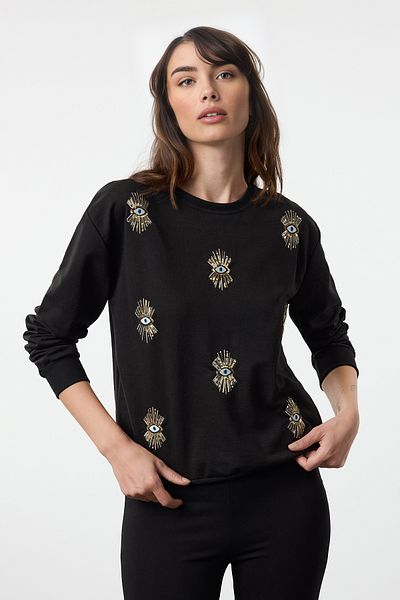 Trendyol Collection Черен тънък щампа на очите, бродиран спокоен/удобен плетен суичър Twoaw25Sw00263