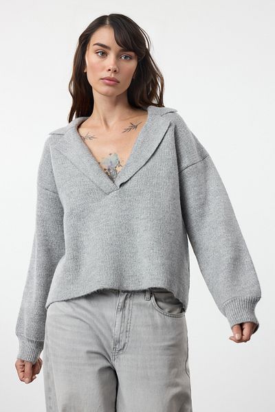 Trendyol Collection Knitwear Gray Sweater - Jacket Collar, Twoaw25Kz00381