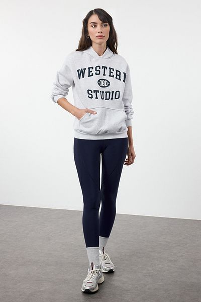 Trendyol Collection Fleece Gray Melange Hooded Sweatshirt - Kangaroo Pocket and Slogan Printed Twoaw25sw00264