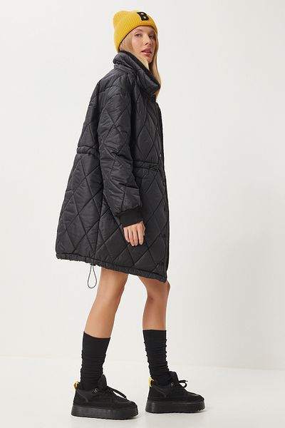 Happiness İstanbul Black Fur Collar Quilted Women's Coat - Pys0030