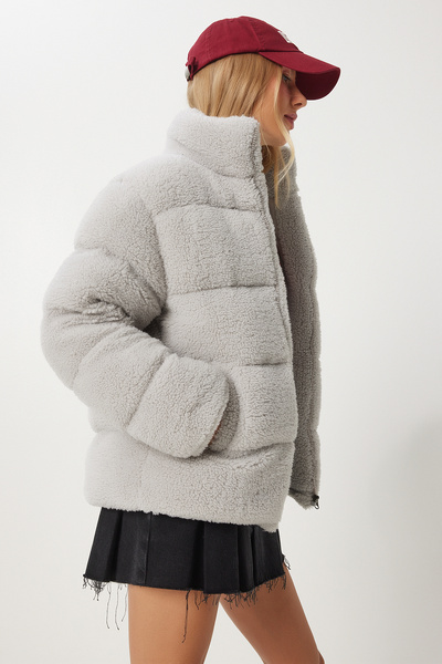 Happiness İstanbul Kadın Gri Dik Yaka Peluş Şişme Mont QA00002