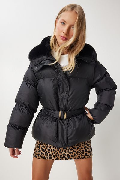 Happiness İstanbul Women's Black Fur Collar Puffer Jacket Aw00011