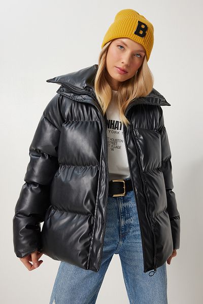 Happiness İstanbul Women's Black Stand Collar Faux Leather Puffer Jacket Pys0029