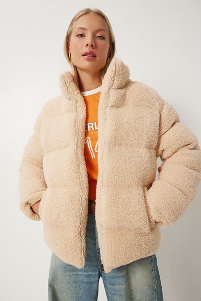 moda armanc plush relief teddy puffer jacket Trendyol