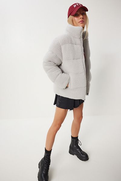 Happiness İstanbul Women's Gray Stand Collar Plush Puffer Jacket Qa00002