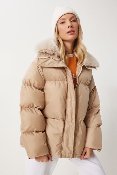 Happiness İstanbul Women's Beige Fur Collar Puffer Jacket Aw00011