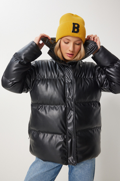 Happiness İstanbul Dámská černá bunda s límečkem z umělé kůže Pys0029