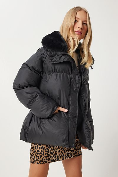 Happiness İstanbul Women's Black Fur Collar Puffer Jacket Aw00011