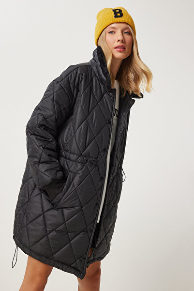 Happiness İstanbul Černý kožešinový límec prošívaný dámský kabát - Pys0030