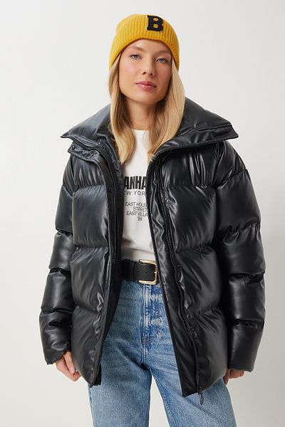 Happiness İstanbul Women's Black Stand Collar Faux Leather Puffer Jacket Pys0029