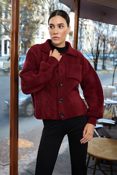 Trendyol Collection Weinroter Strick-Cardigan – weiche Textur, Mantel-Look TWOAW25HI00162