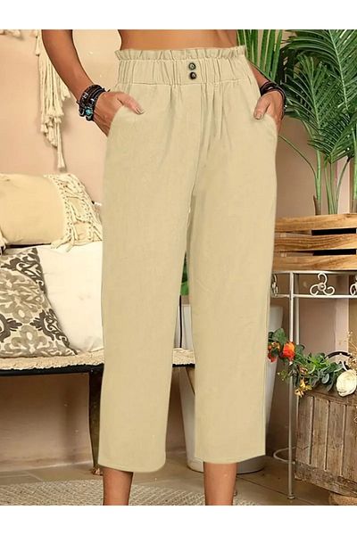 Reçel Recel Women's Waist Drawstring and Button Detail Short Wide Leg Linen Trousers