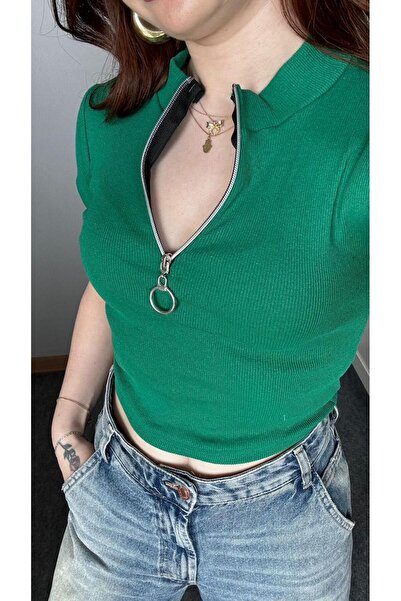 Toum Bluză crop cu nervuri Enya Jewelry cu fermoar