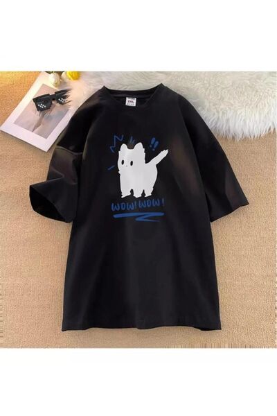 Toum Tricou oversize unisex negru cu imprimeu Enya Jewelry Wow Cat