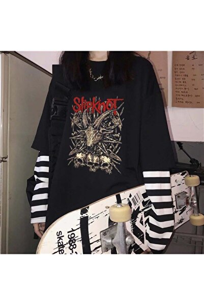 Toum Enya Takı Slipknot Goat & Skulls Baskılı Fake Sleeves Unisex Siyah T-shirt