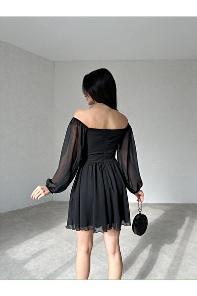 popibutik Düğme Detaylı Mini Şifon Elbise