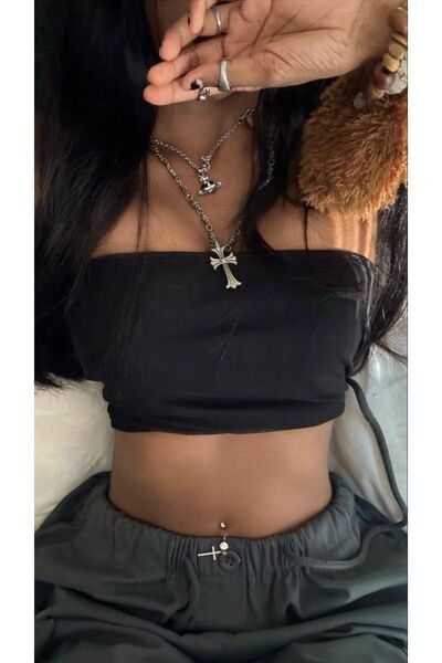 Toum Bijuterii Enya fără bretele din bumbac negru material elastic