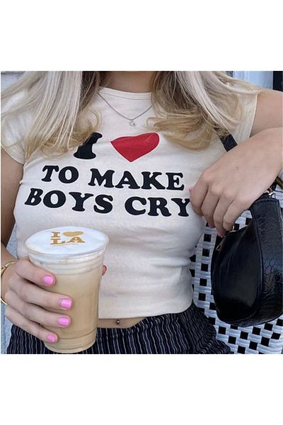 Toum Enya Jewelry I Love to Make Boys Cry Printed White Crop