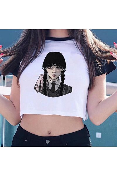 Toum Enya Jewelry Wednesday Printed Reglan Sleeve White Crop