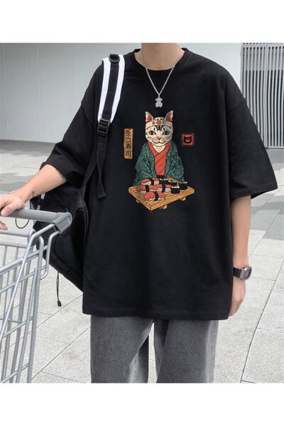 Toum Enya Takı Sushi Cat Μαύρο Unisex Oversize T-shirt