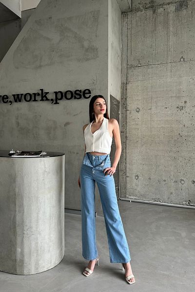 XRAY JEANS Blugi de damă Pantaloni dubli cu talie înaltă Pantaloni largi Palazzo Ice Blue Denim