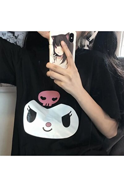 Toum Tricou oversize unisex negru cu imprimeu Kuromi Face Enya Jewelry