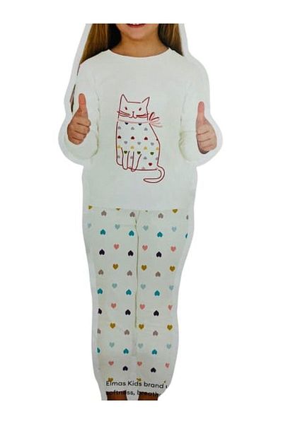 elmas kids Girl's 100% Cotton Crew Neck Long Sleeve Ecru Cat Heart Patterned Pajama Set